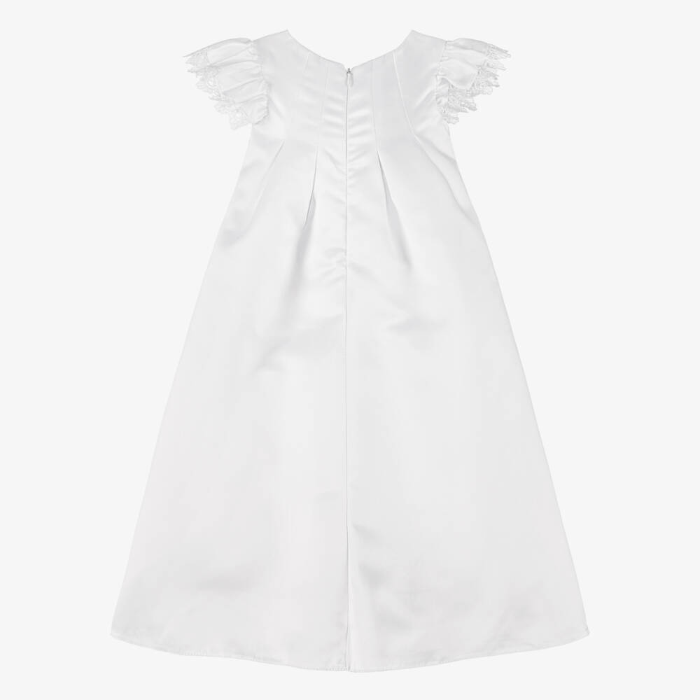 Sevva-Baby Girls White Satin Ceremony Gown with Bow & Lace Trim | Childrensalon