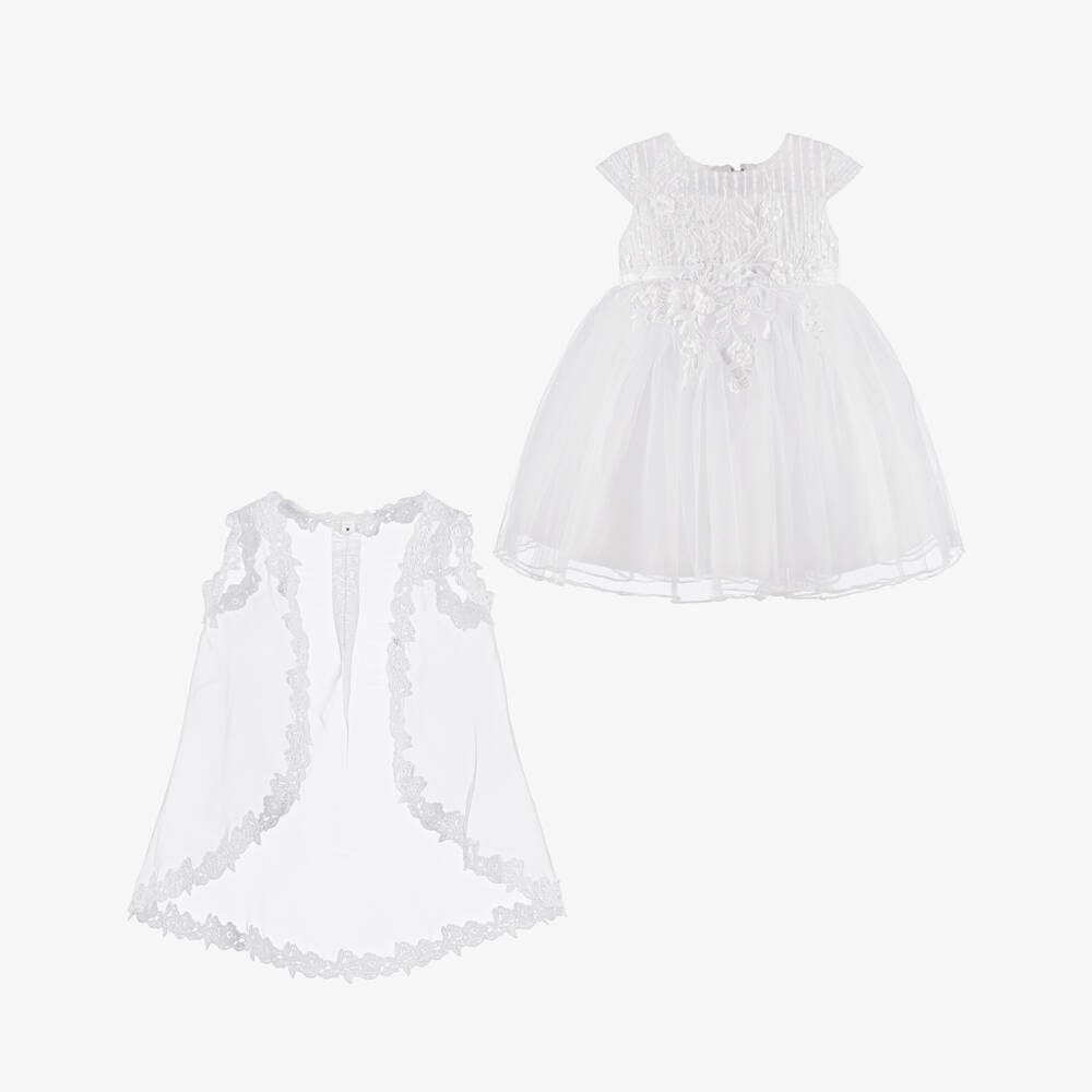 Sevva-Baby Girls White Tulle Ceremony Dress with Cape | Childrensalon