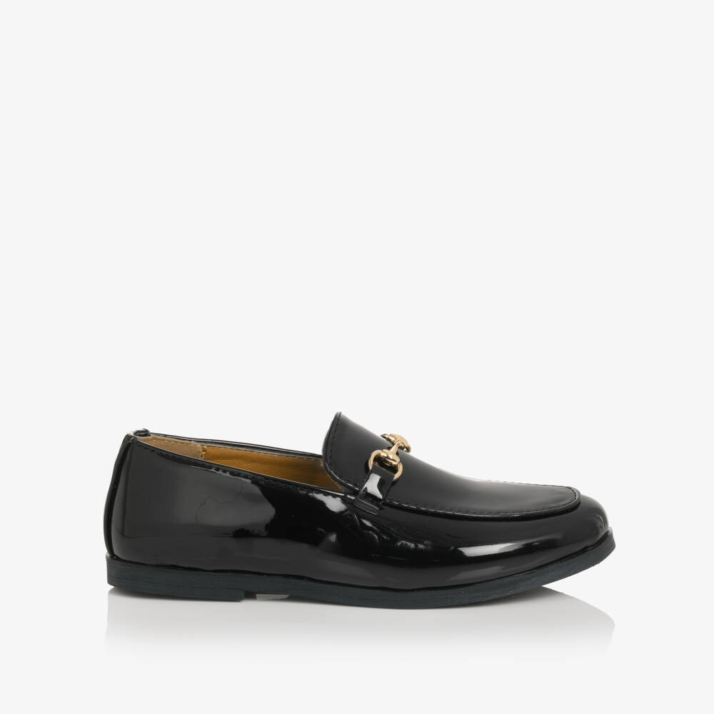 Sevva-Boys Black Patent Loafers with Metal Horsebit Detail | Childrensalon