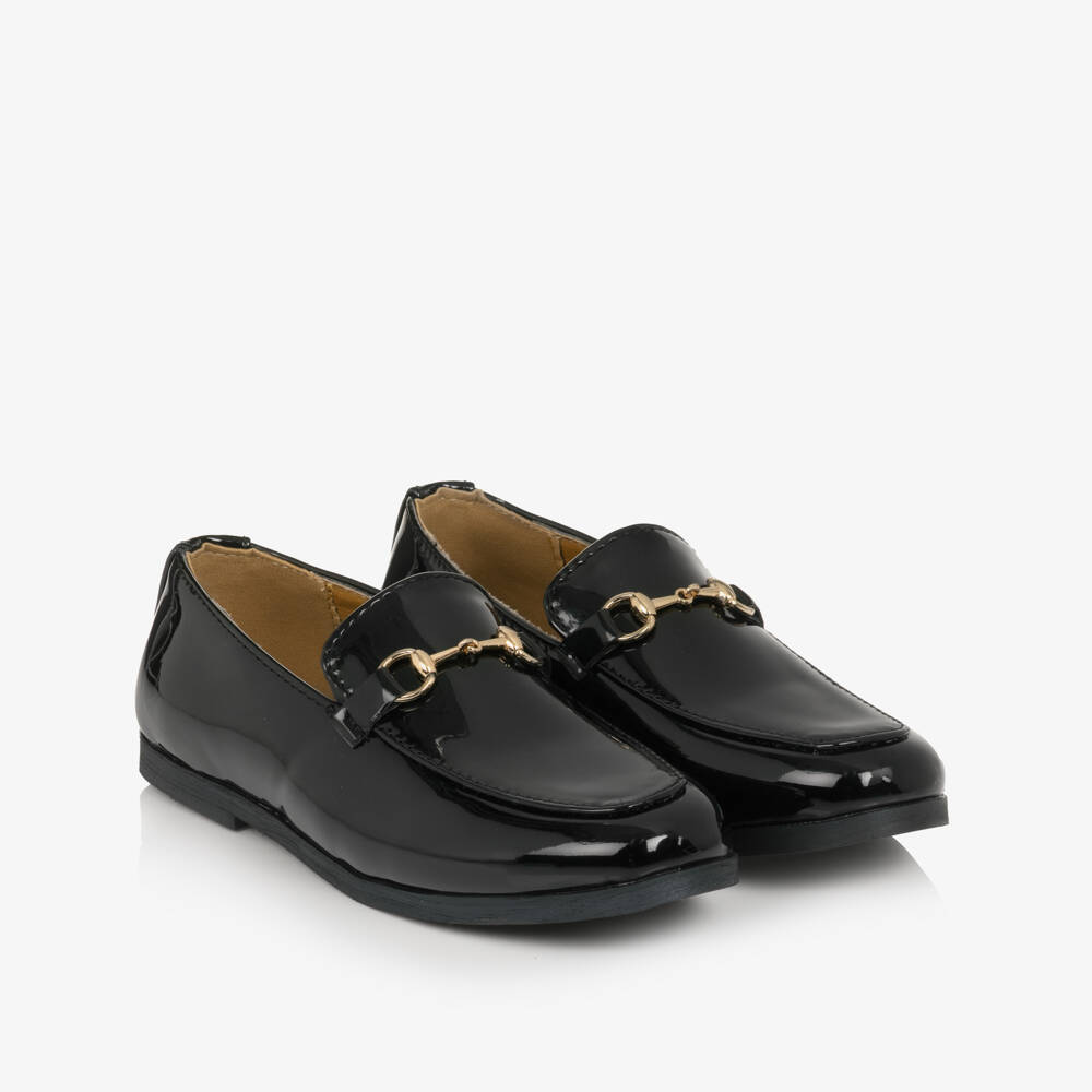 Sevva-Boys Black Patent Loafers with Metal Horsebit Detail | Childrensalon