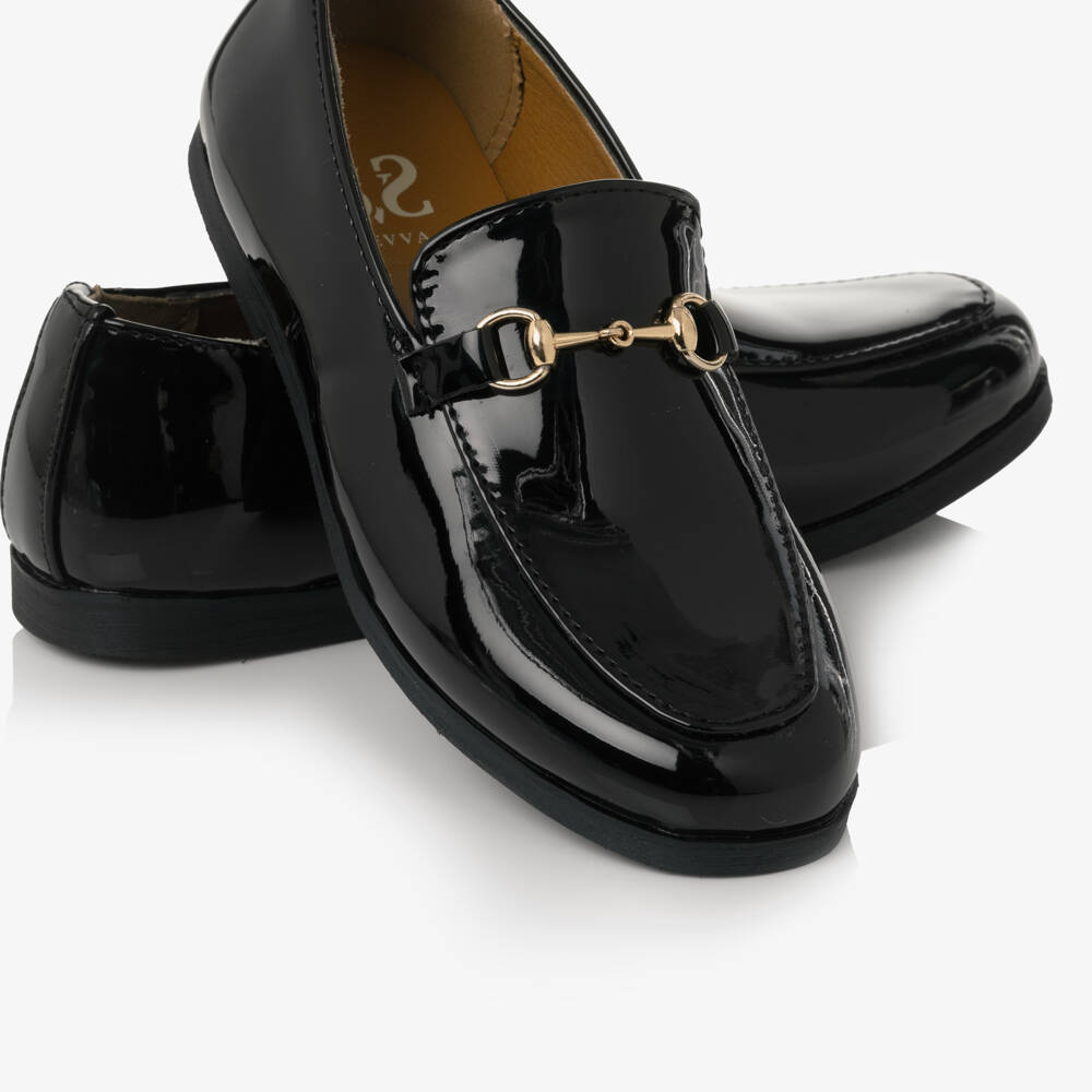 Sevva-Boys Black Patent Loafers with Metal Horsebit Detail | Childrensalon