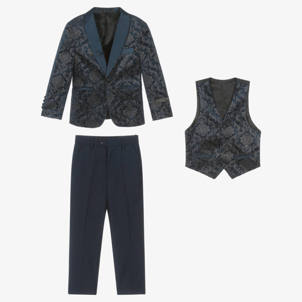 Sevva-Boys Navy Blue Damask Velvet Suit | Childrensalon