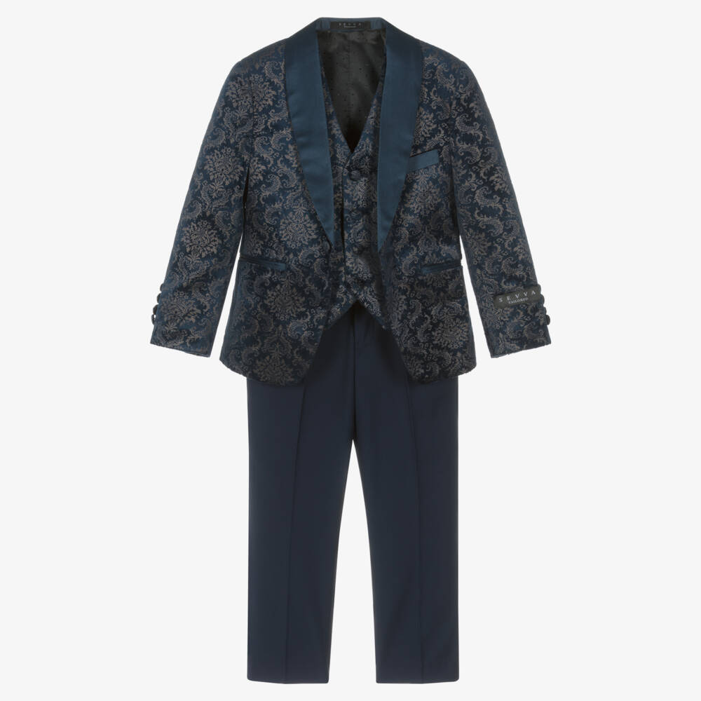 Sevva-Boys Navy Blue Damask Velvet Suit  | Childrensalon