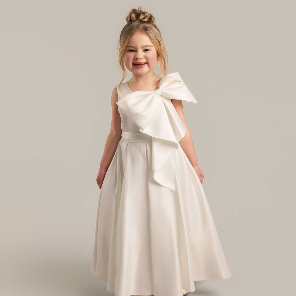 Sevva-Girl Ivory Satin Dress with Bow | Childrensalon