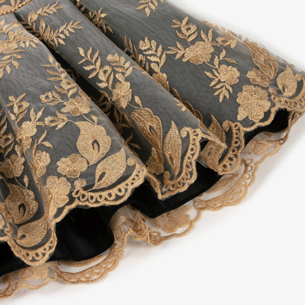 Sevva-Girls Black Satin & Embroidered Gold Tulle Dress | Childrensalon