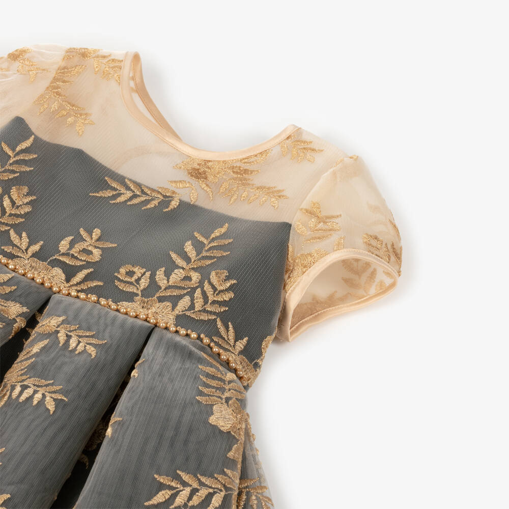 Sevva-Girls Black Satin & Embroidered Gold Tulle Dress | Childrensalon