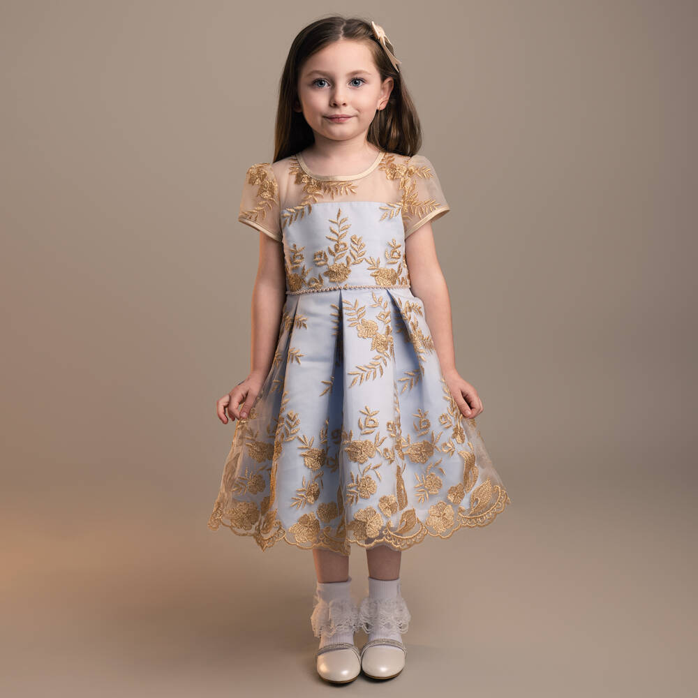 Sevva-Girls Blue Satin & Embroidered Gold Tulle Dress | Childrensalon