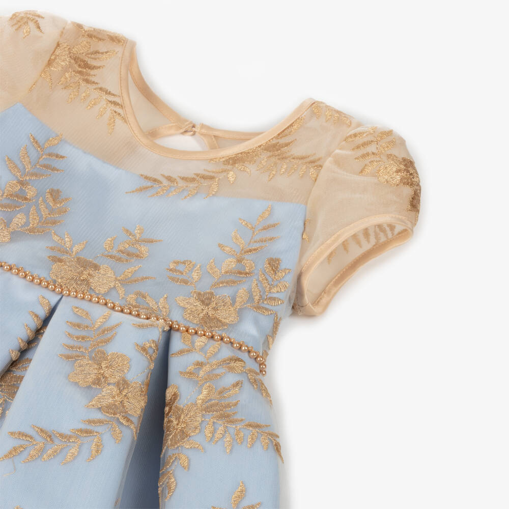 Sevva-Girls Blue Satin & Embroidered Gold Tulle Dress | Childrensalon