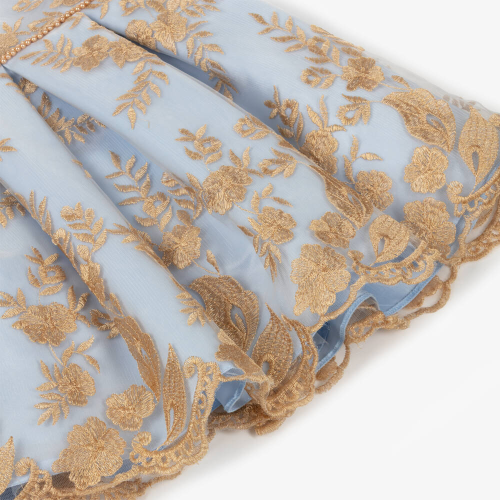 Sevva-Girls Blue Satin & Embroidered Gold Tulle Dress | Childrensalon