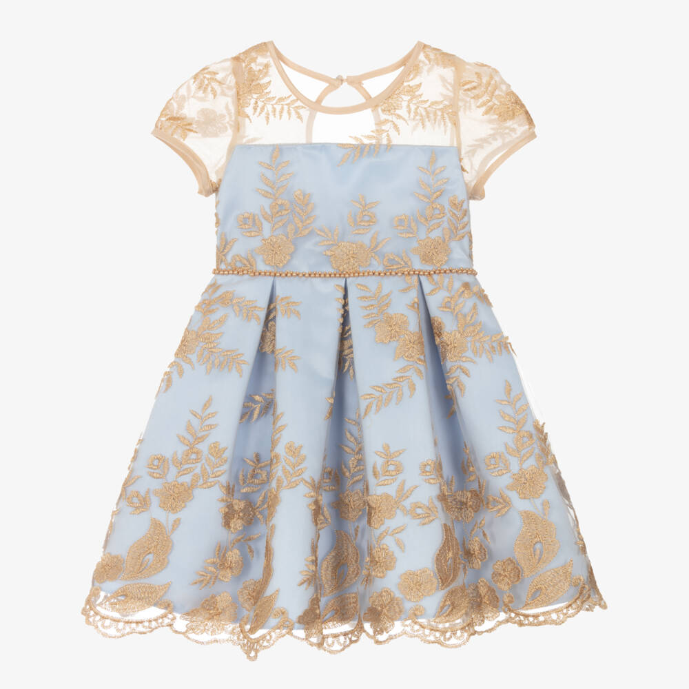 Sevva-Girls Blue Satin & Embroidered Gold Tulle Dress | Childrensalon