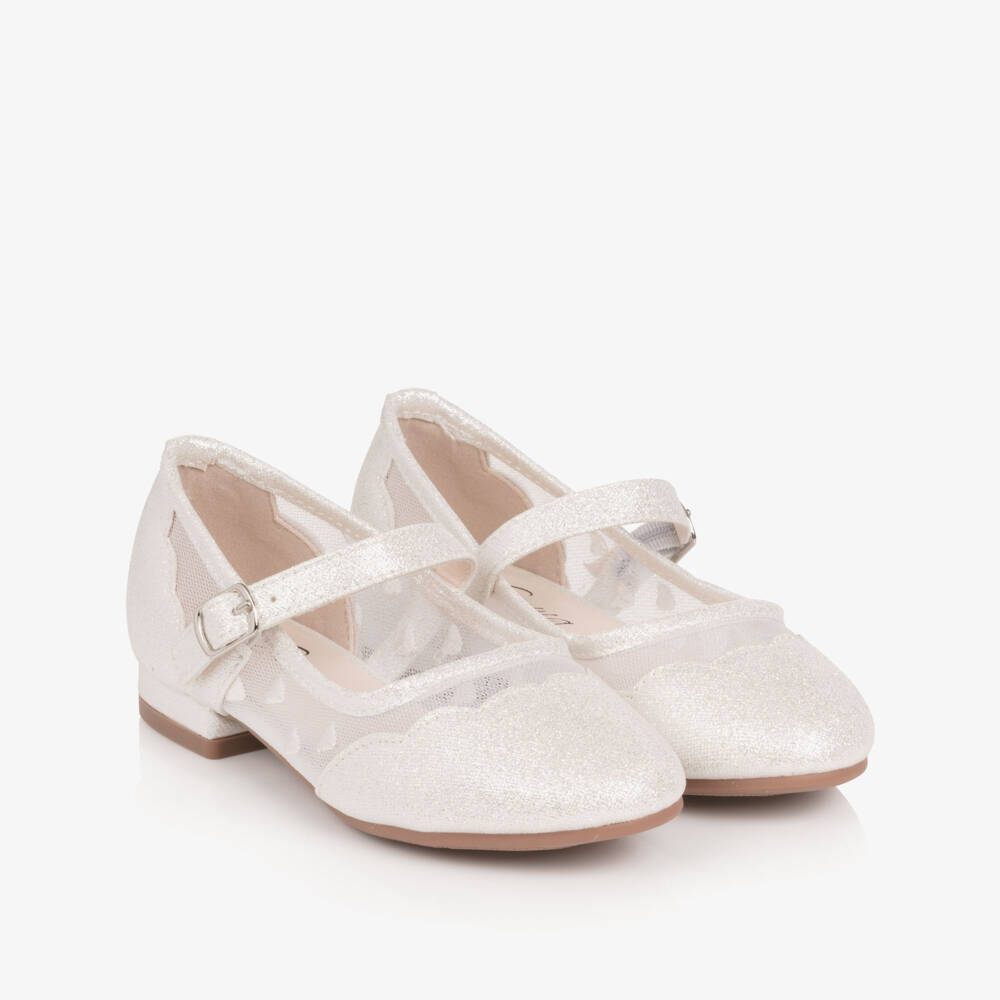 Sevva-Girls Glittery Silver Faux Leather & Mesh Mary Jane Shoes | Childrensalon