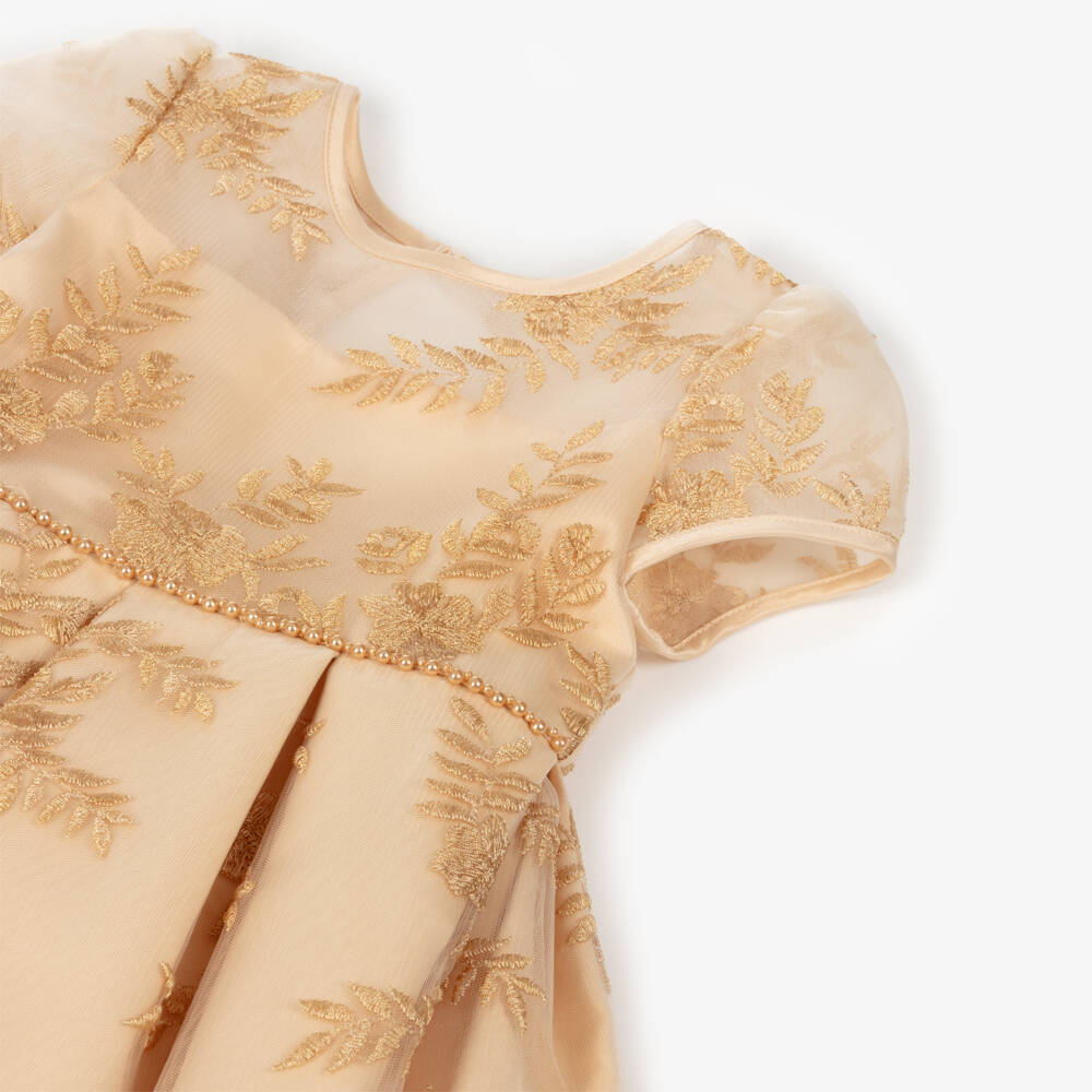 Sevva-Girls Gold Satin & Embroidered Tulle Dress | Childrensalon