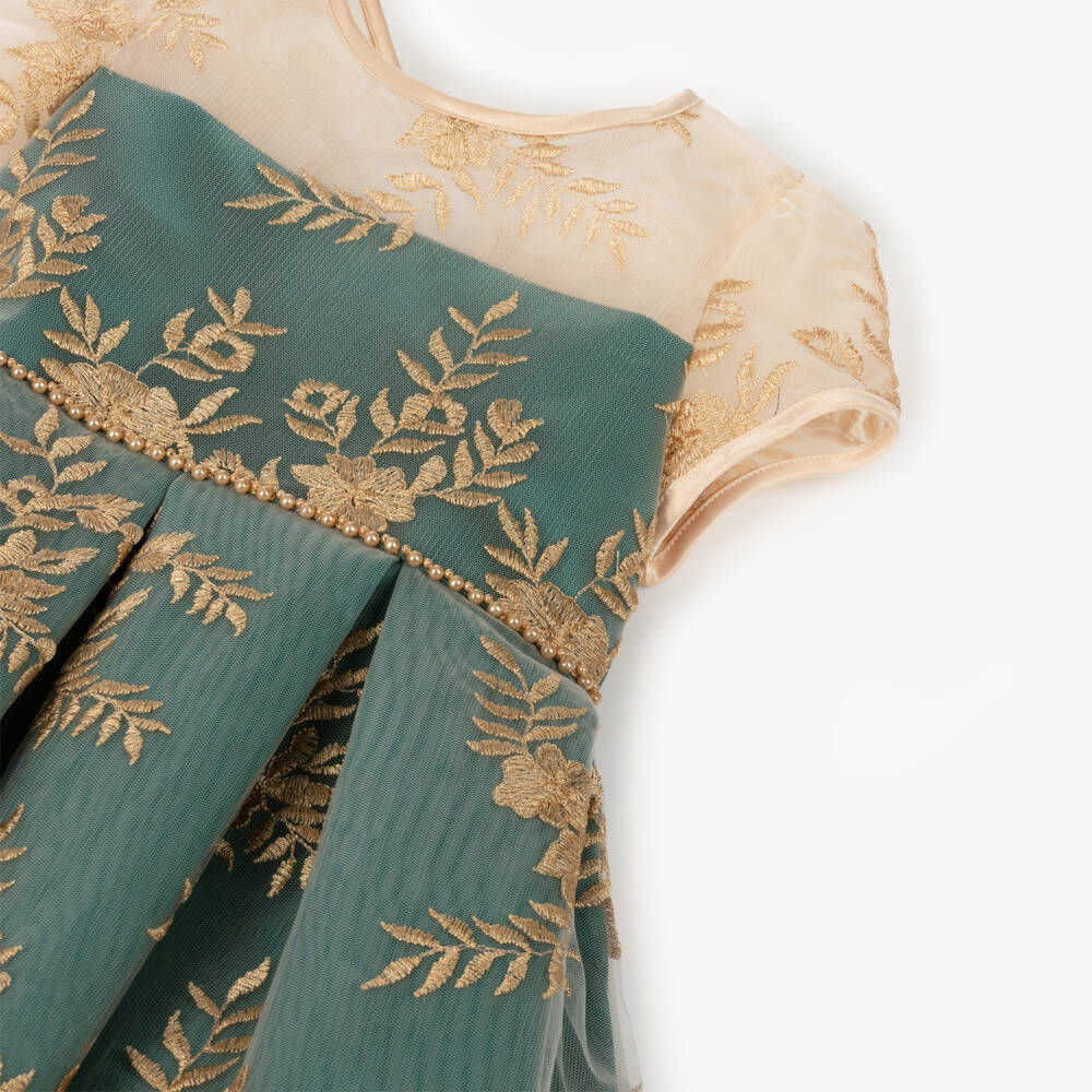 Sevva-Girls Green Satin & Embroidered Gold Tulle Dress | Childrensalon