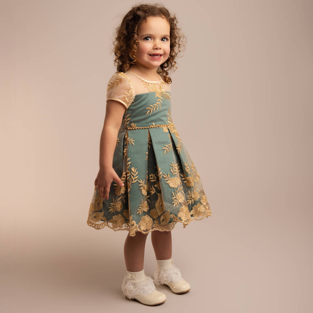 Sevva-Girls Green Satin & Embroidered Gold Tulle Dress | Childrensalon