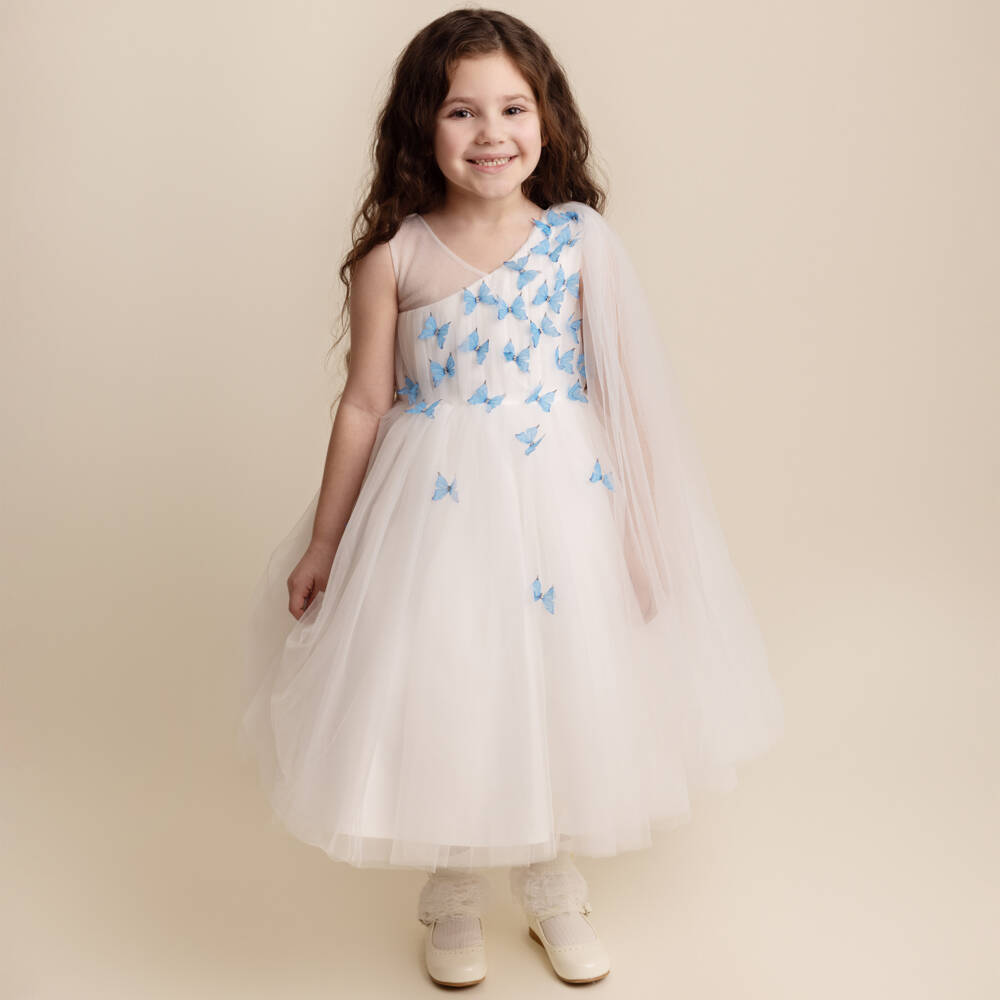 Sevva-Girls Ivory & Blue Butterfly Tulle Dress | Childrensalon
