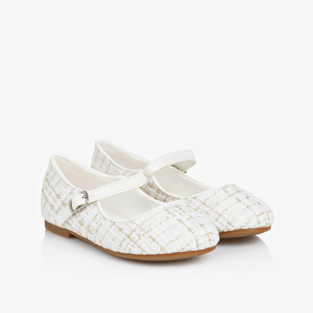 Sevva-Girls Ivory & Gold Tweed Shoes | Childrensalon