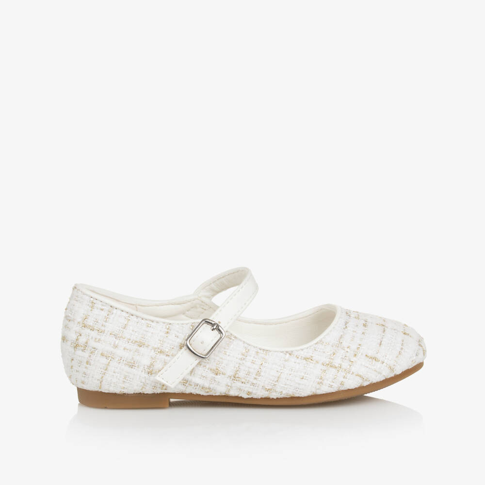Sevva-Girls Ivory & Gold Tweed Shoes | Childrensalon