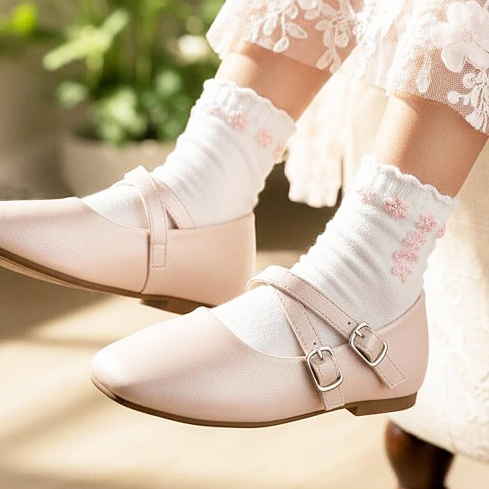 Sevva-Girls Pink Faux Leather Double Strap Ballerina Flats | Childrensalon