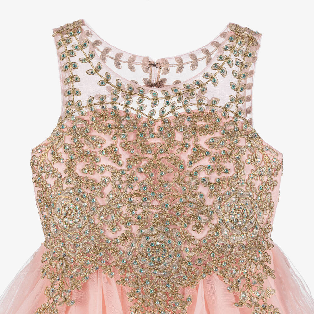 Sevva-Girls Pink Tulle Dress with Gold Embroidery | Childrensalon