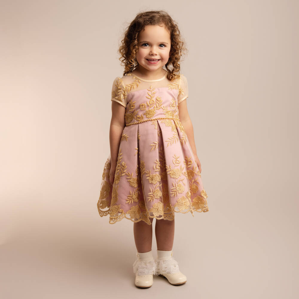 Sevva-Girls Pink Satin & Embroidered Gold Tulle Dress | Childrensalon