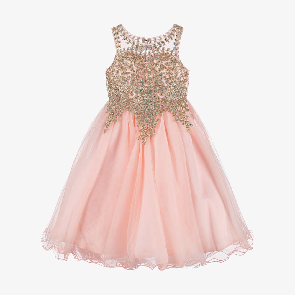 Sevva-Girls Pink Tulle Dress with Gold Embroidery | Childrensalon