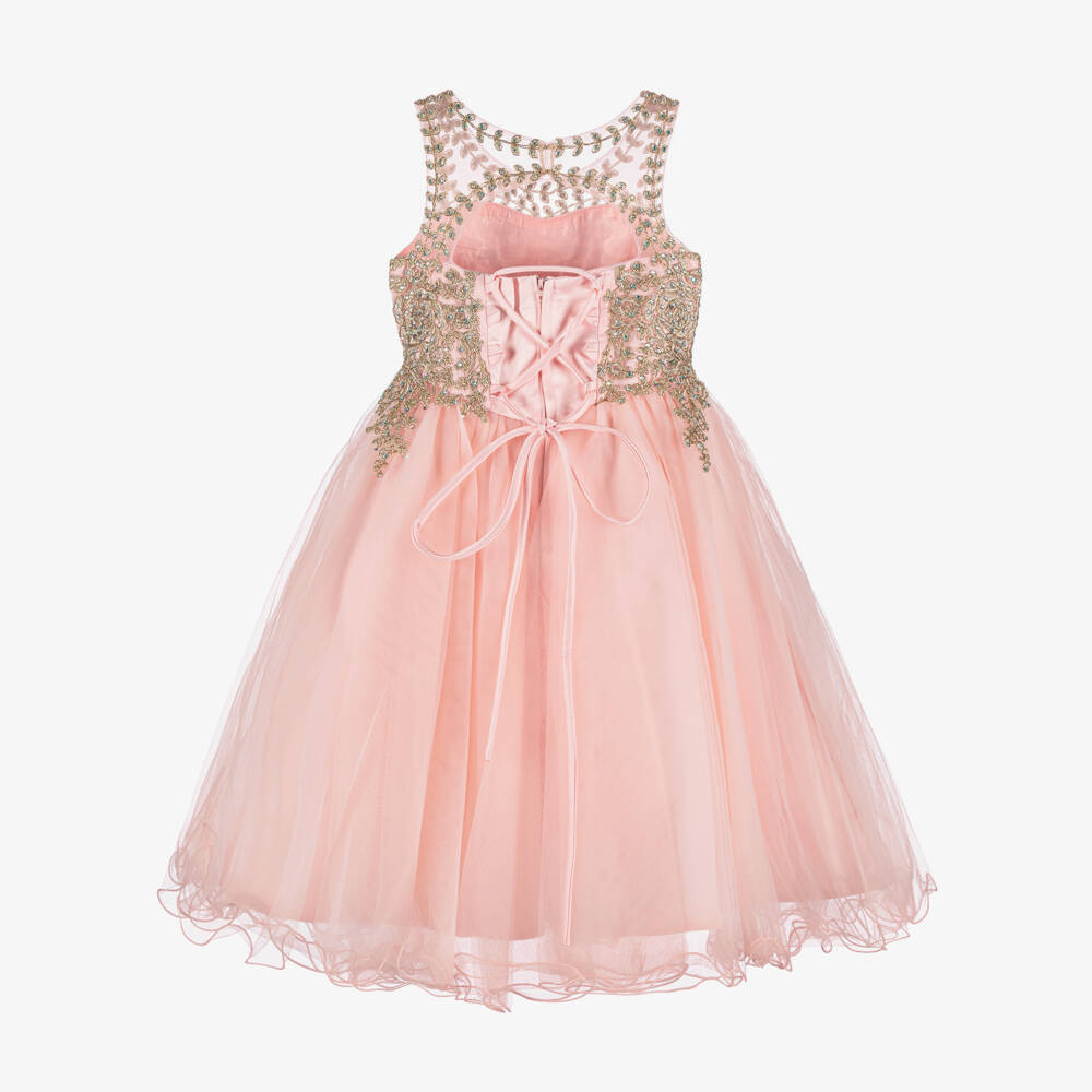 Sevva-Girls Pink Tulle Dress with Gold Embroidery | Childrensalon