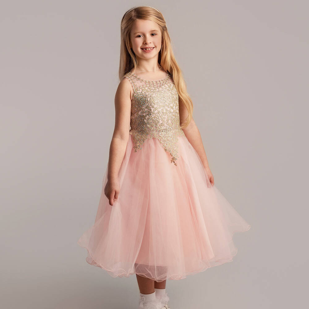 Sevva-Girls Pink Tulle Dress with Gold Embroidery | Childrensalon