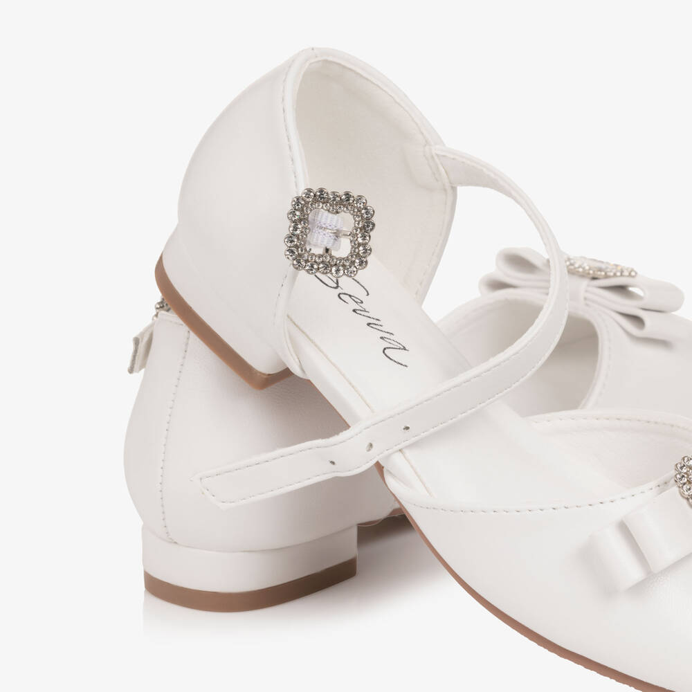 Sevva-Girls White Faux Leather Bar Shoes with Jewelled Buckles | Childrensalon