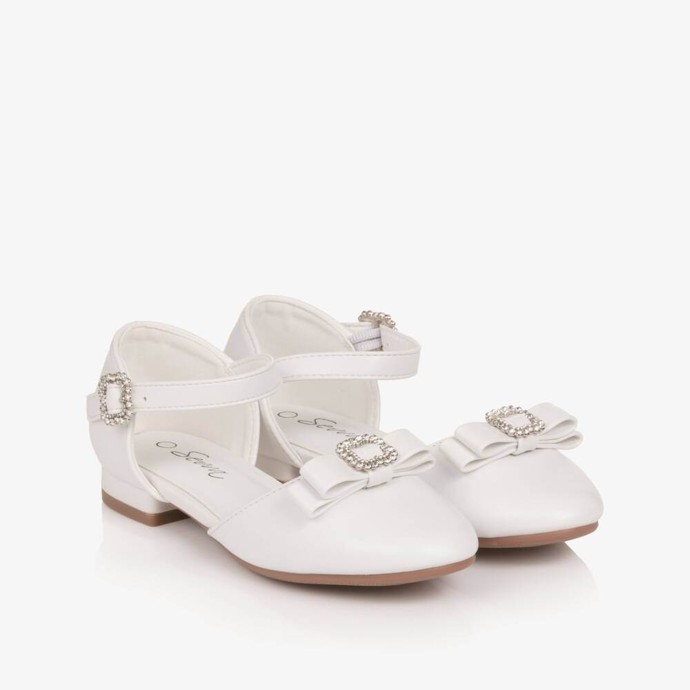 Sevva-Girls White Faux Leather Bar Shoes with Jewelled Buckles | Childrensalon