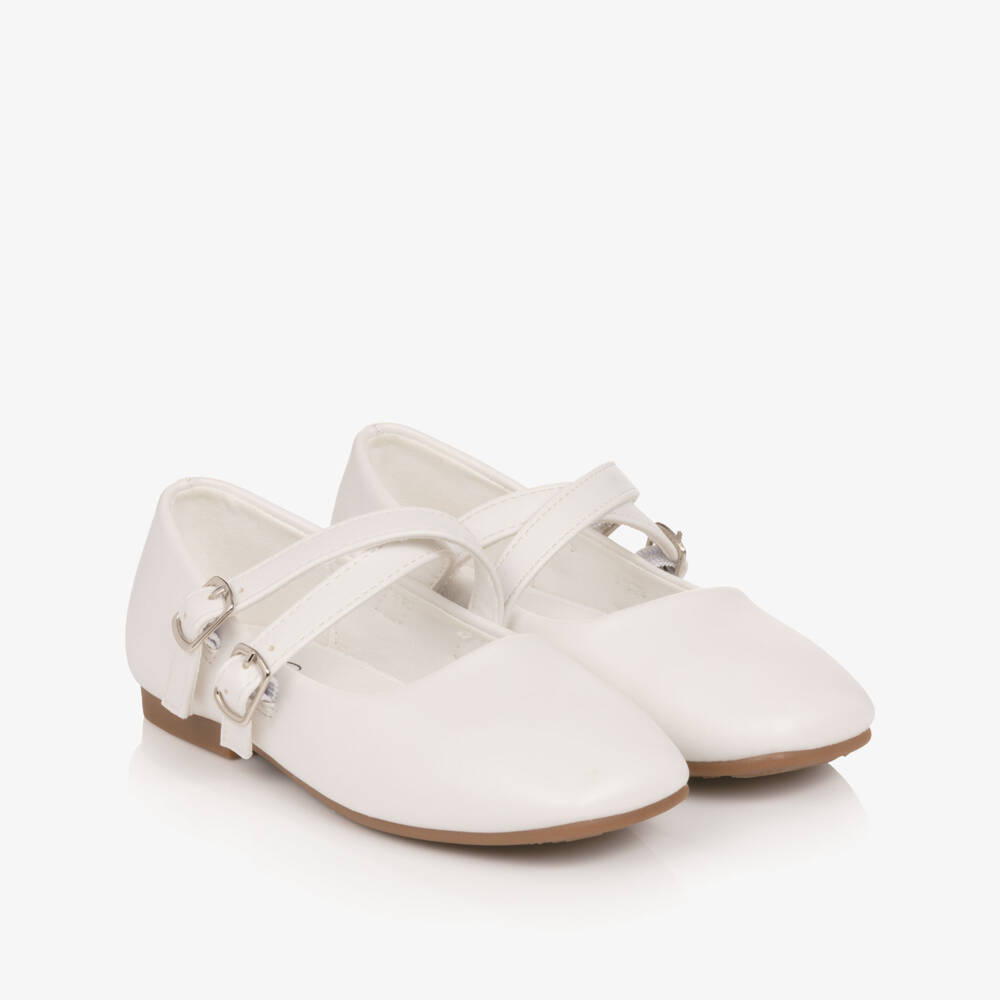 Sevva-Girls White Faux Leather Double Strap Ballerina Flats | Childrensalon