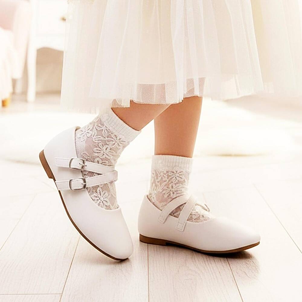 Sevva-Girls White Faux Leather Double Strap Ballerina Flats | Childrensalon