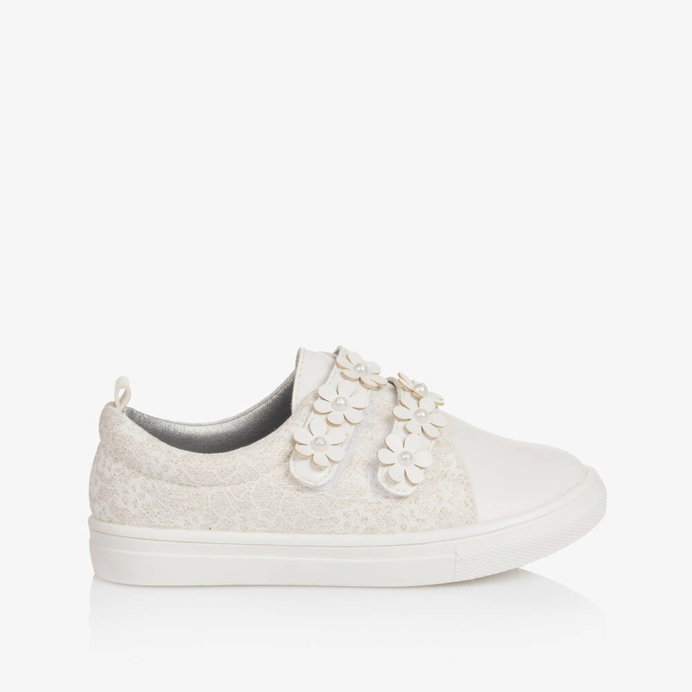 Sevva-Girls White Faux Leather & Lace Trainers | Childrensalon