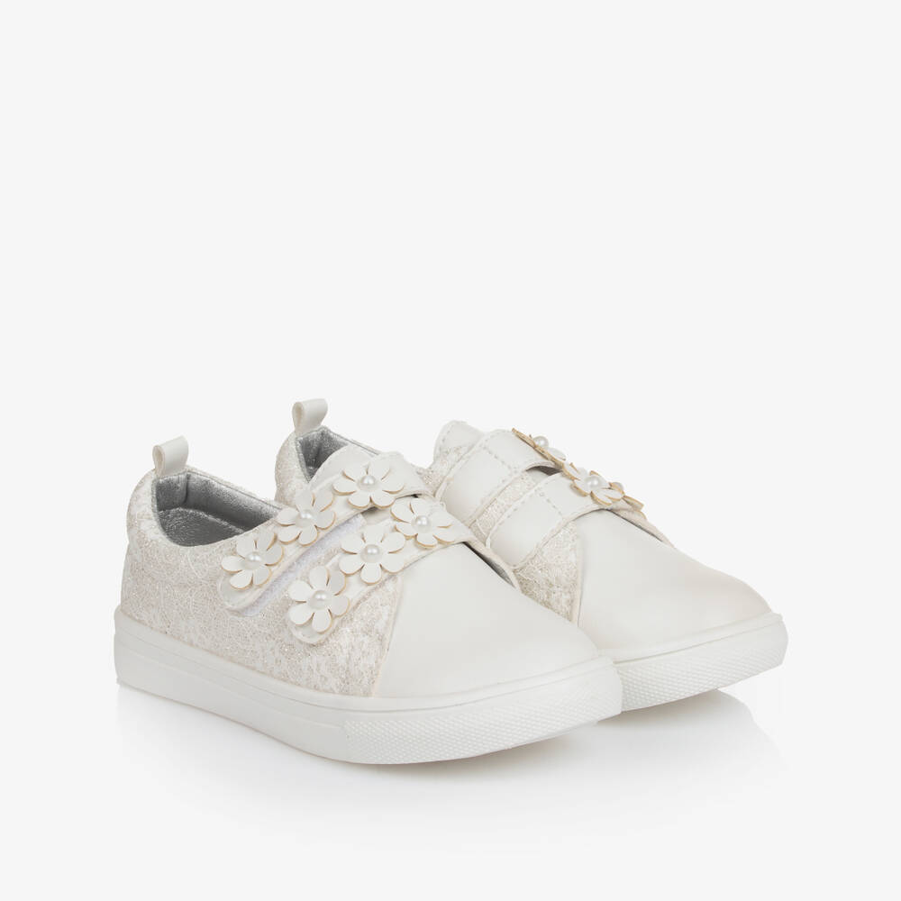 Sevva-Girls White Faux Leather & Lace Trainers | Childrensalon