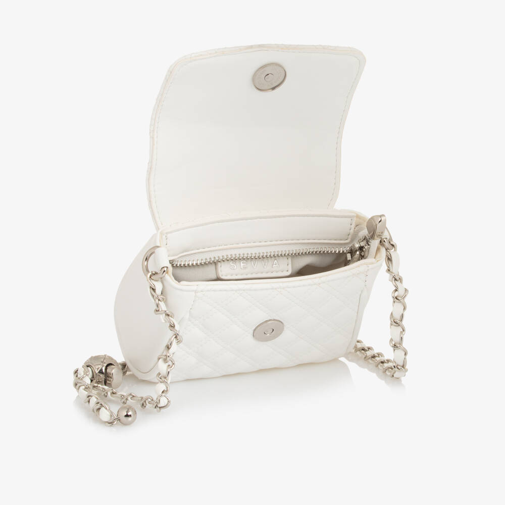 Sevva-Girls White Faux Leather Quilted Bag With Silver Chain (13cm) | Childrensalon