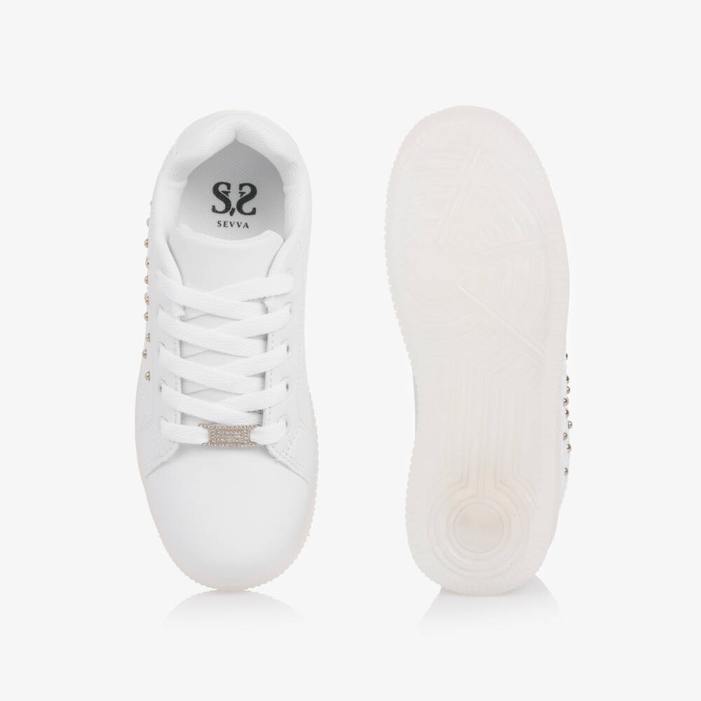 Sevva-Girls White Faux Leather Studded Light-Up Trainers | Childrensalon