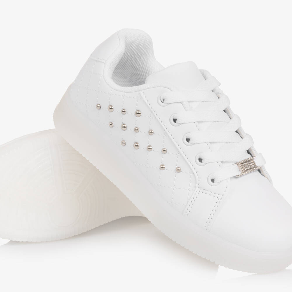 Sevva-Girls White Faux Leather Studded Light-Up Trainers | Childrensalon