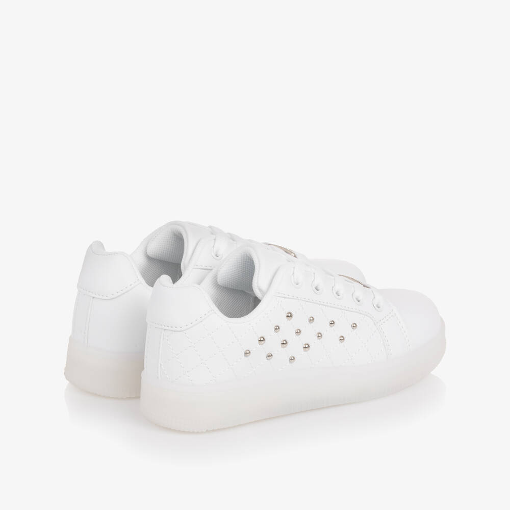 Sevva-Girls White Faux Leather Studded Light-Up Trainers | Childrensalon