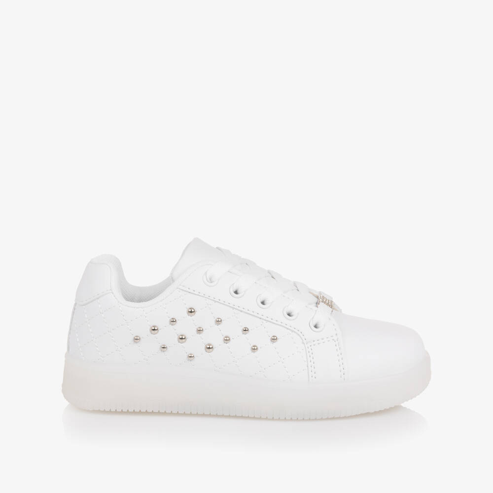 Sevva-Girls White Faux Leather Studded Light-Up Trainers | Childrensalon