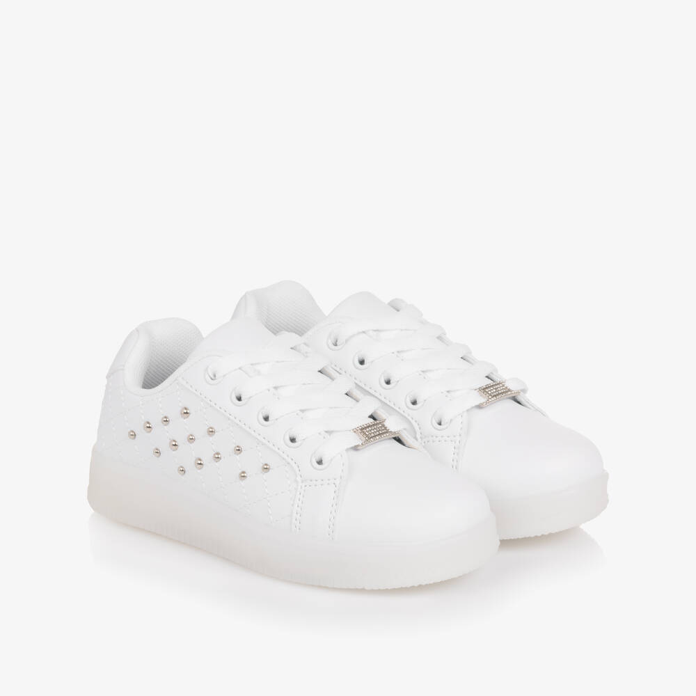 Sevva-Girls White Faux Leather Studded Light-Up Trainers | Childrensalon