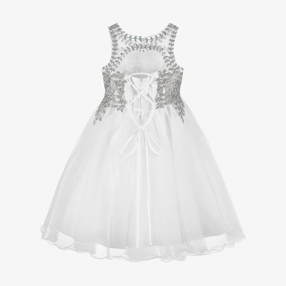 Sevva-Girls White Tulle Dress with Silver Embroidery | Childrensalon