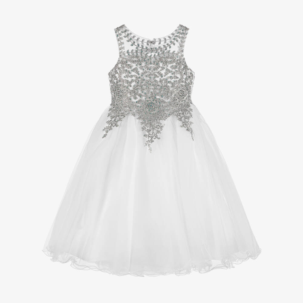 Sevva-Girls White Tulle Dress with Silver Embroidery | Childrensalon
