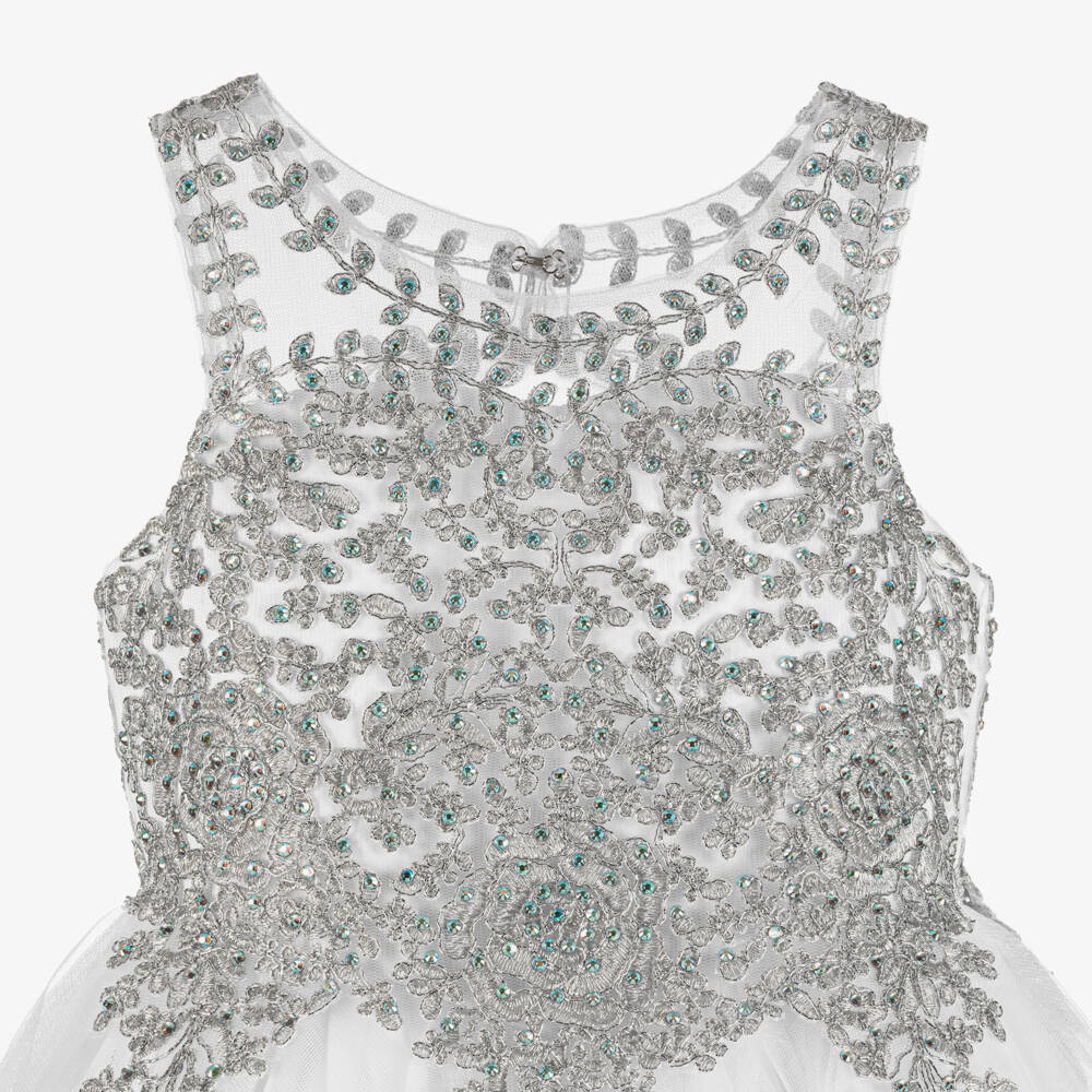 Sevva-Girls White Tulle Dress with Silver Embroidery | Childrensalon