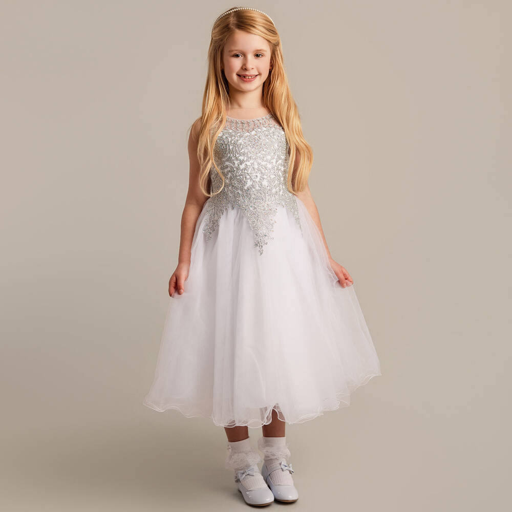 Sevva-Girls White Tulle Dress with Silver Embroidery | Childrensalon