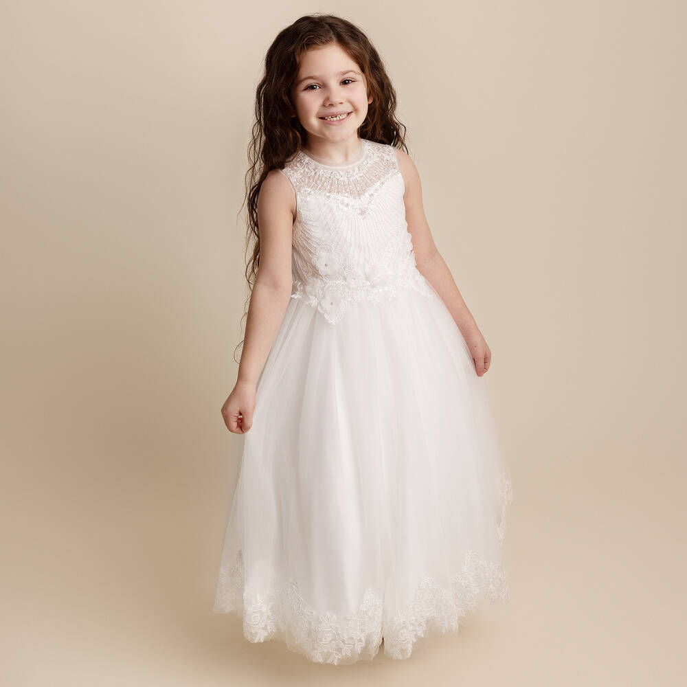 Sevva-Girls White Tulle Embroidered Lace Dress | Childrensalon