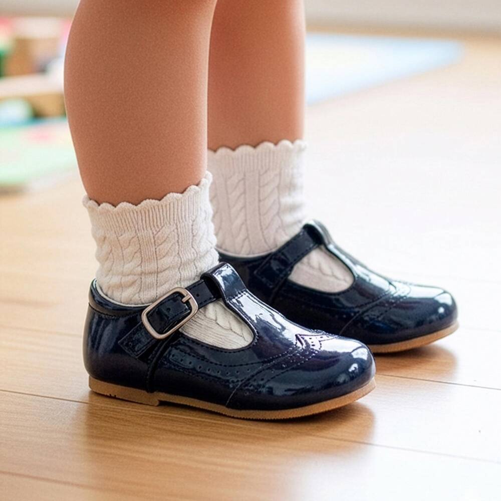 Sevva-Navy Blue Patent Faux Leather First Walker Bar Shoes | Childrensalon