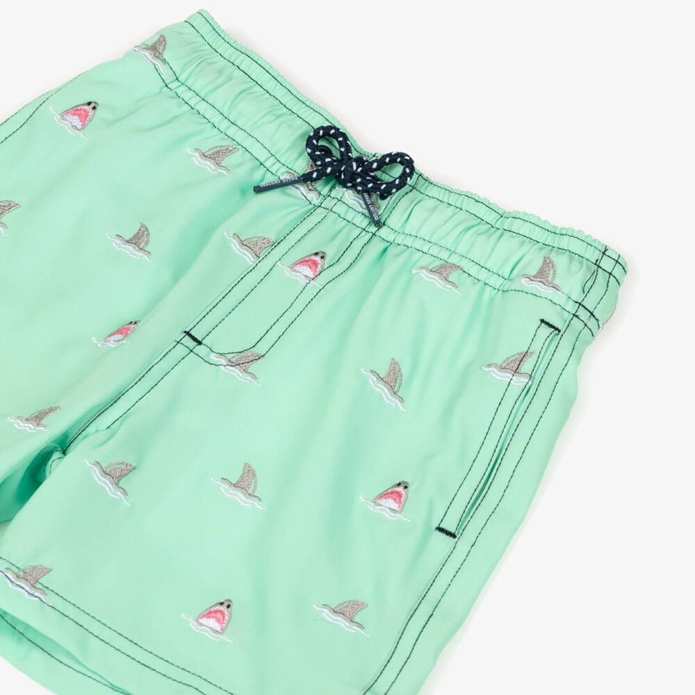 Shade Critters-Boys Green Swim Shorts with Embroidered Shark Motifs (UPF50+) | Childrensalon