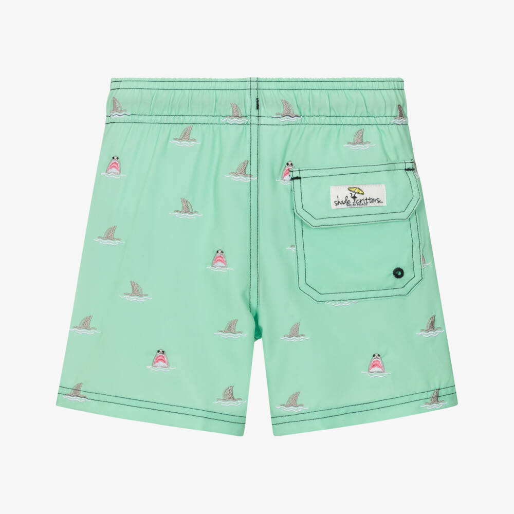 Shade Critters-Boys Green Swim Shorts with Embroidered Shark Motifs (UPF50+) | Childrensalon