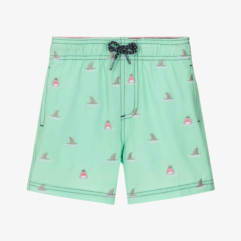 Shade Critters-Boys Green Swim Shorts with Embroidered Shark Motifs (UPF50+) | Childrensalon