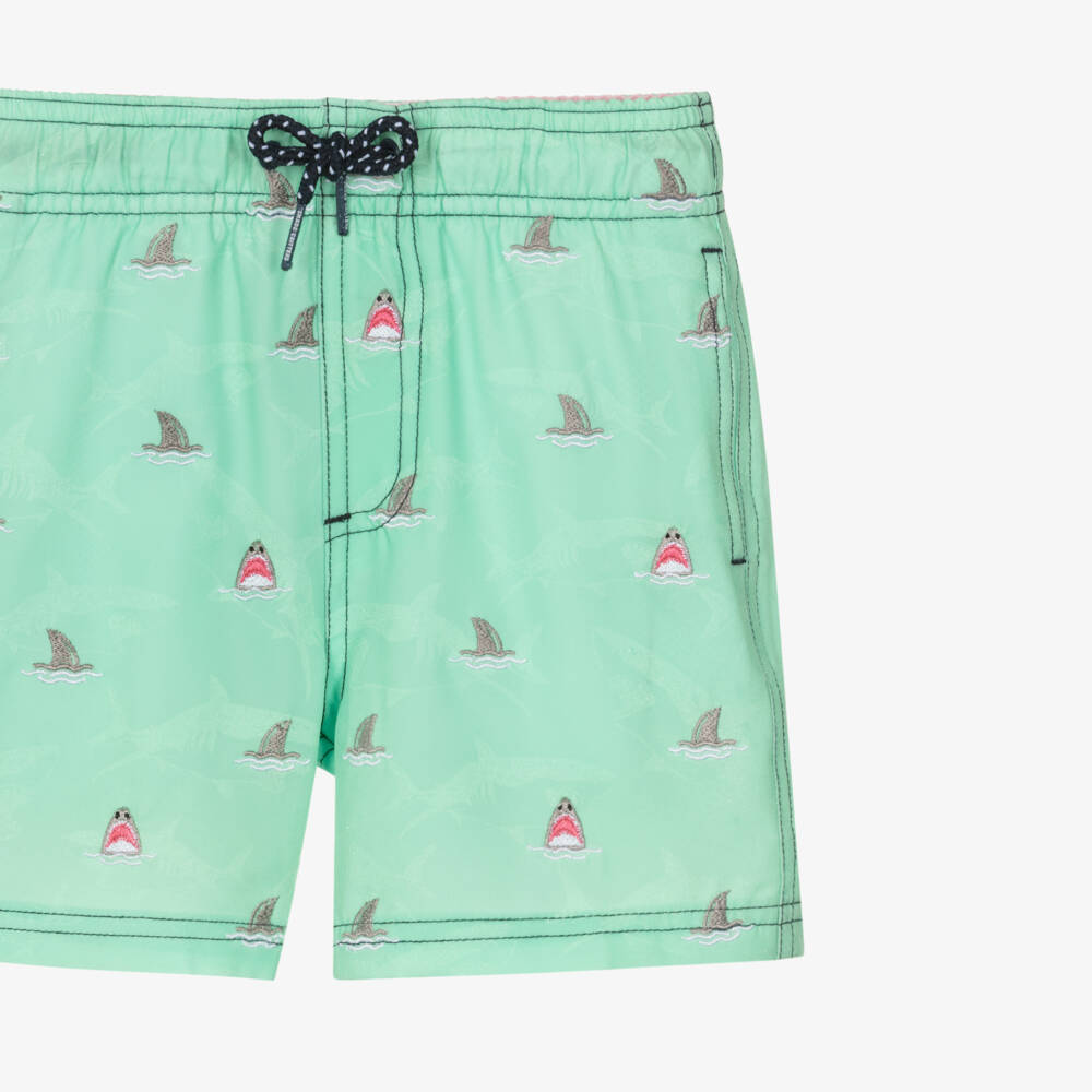 Shade Critters-Boys Green Swim Shorts with Embroidered Shark Motifs (UPF50+) | Childrensalon