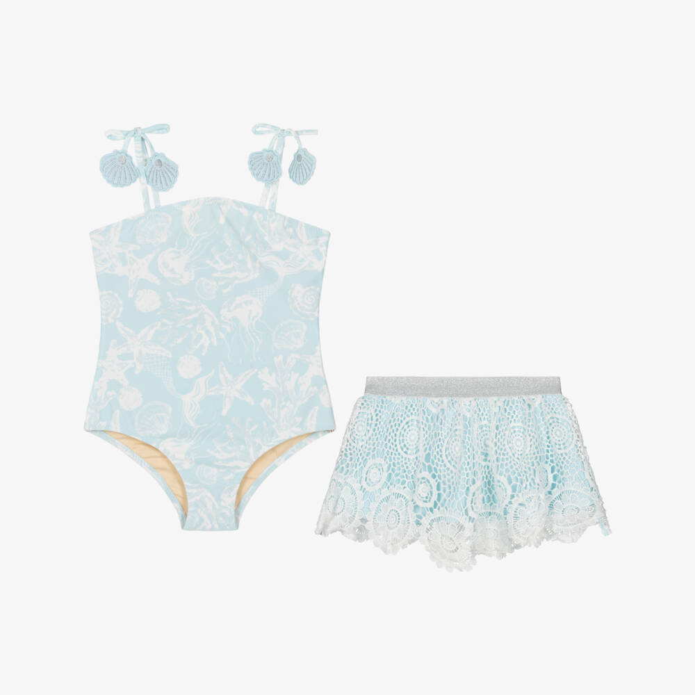 Shade Critters-طقم سباحة بطبعة بحر ية لون أزرق وأبيض للبنات (UPF50+) | Childrensalon